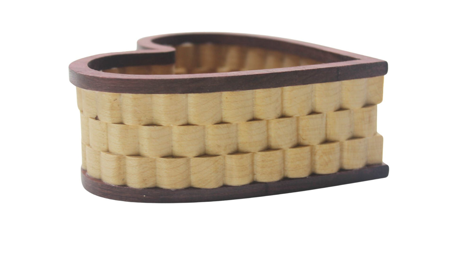 Heart-shaped handcrafted wood jewelry basket, made from purpleheart and maple