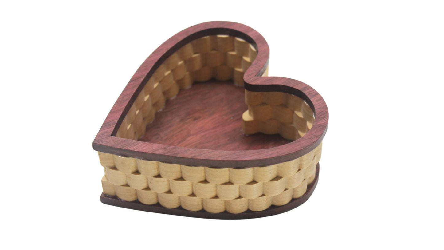 Heart-shaped handcrafted wood jewelry basket, made from purpleheart and maple