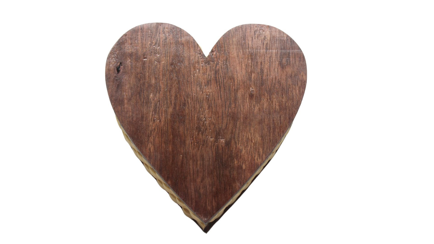 Heart-shaped handcrafted wood jewelry basket, made from purpleheart and maple