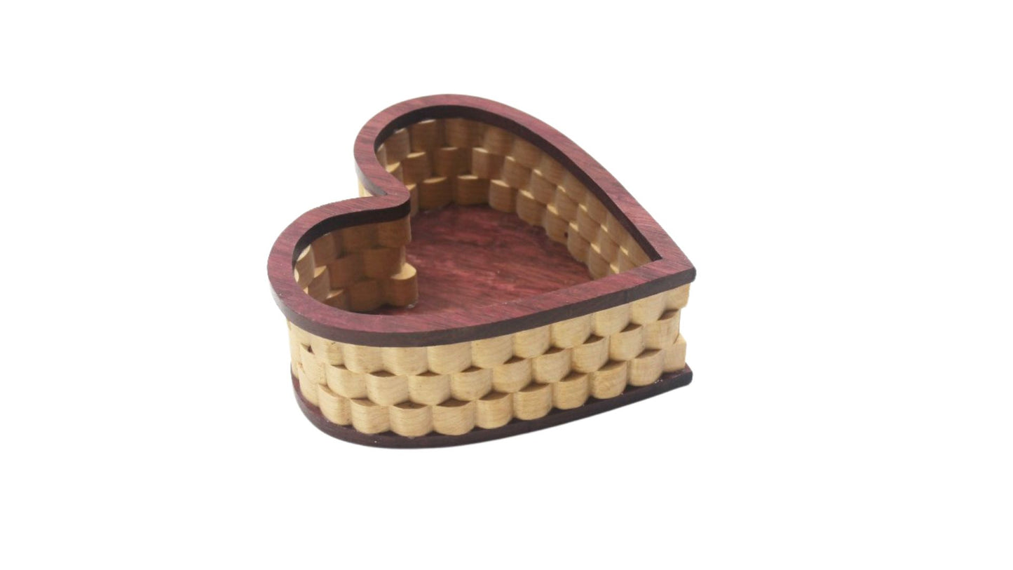 Heart-shaped handcrafted wood jewelry basket, made from purpleheart and maple