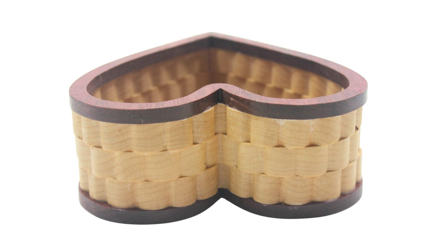 Heart-shaped handcrafted wood jewelry basket, made from purpleheart and maple