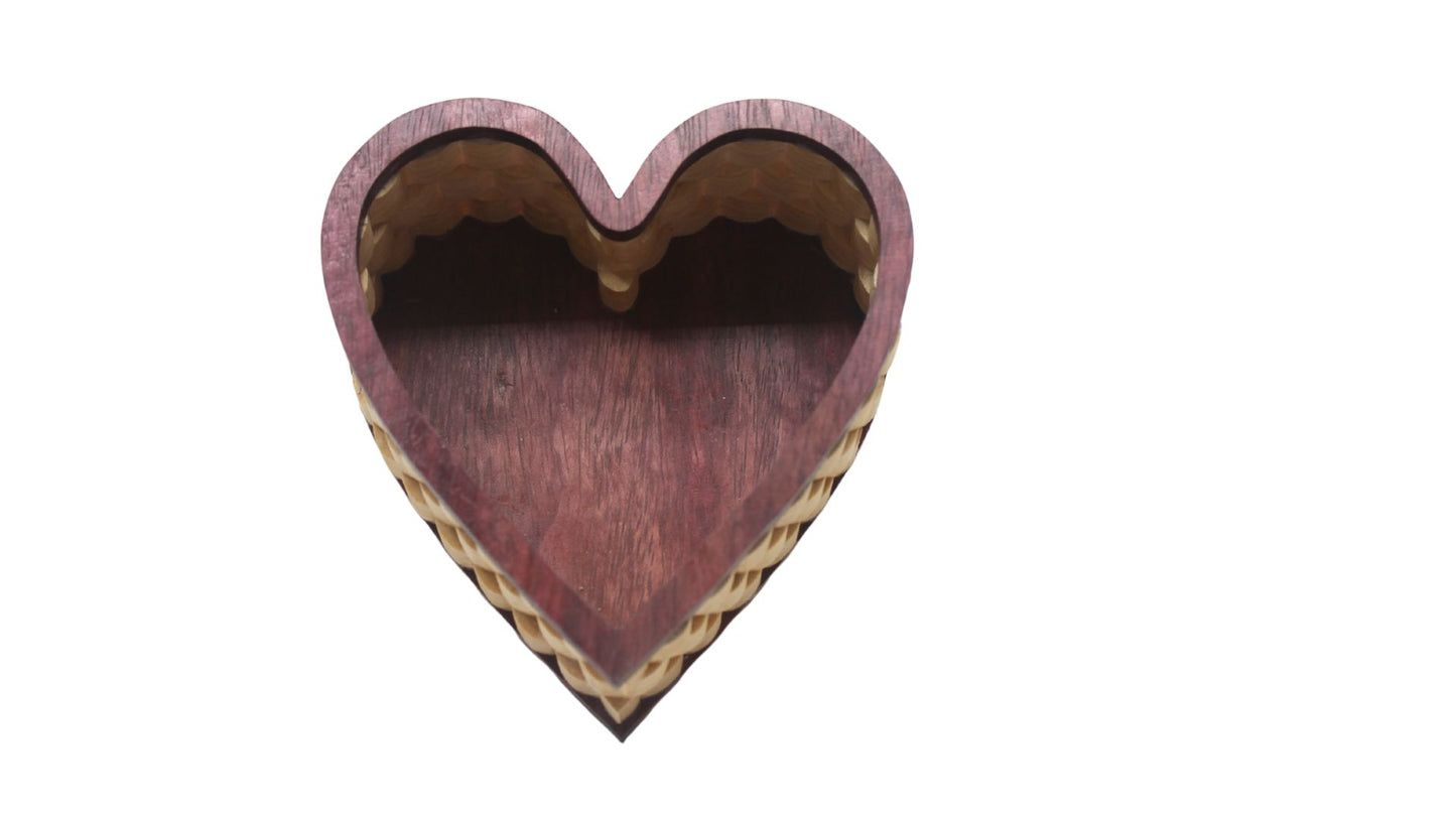 Heart-shaped handcrafted wood jewelry basket, made from purpleheart and maple