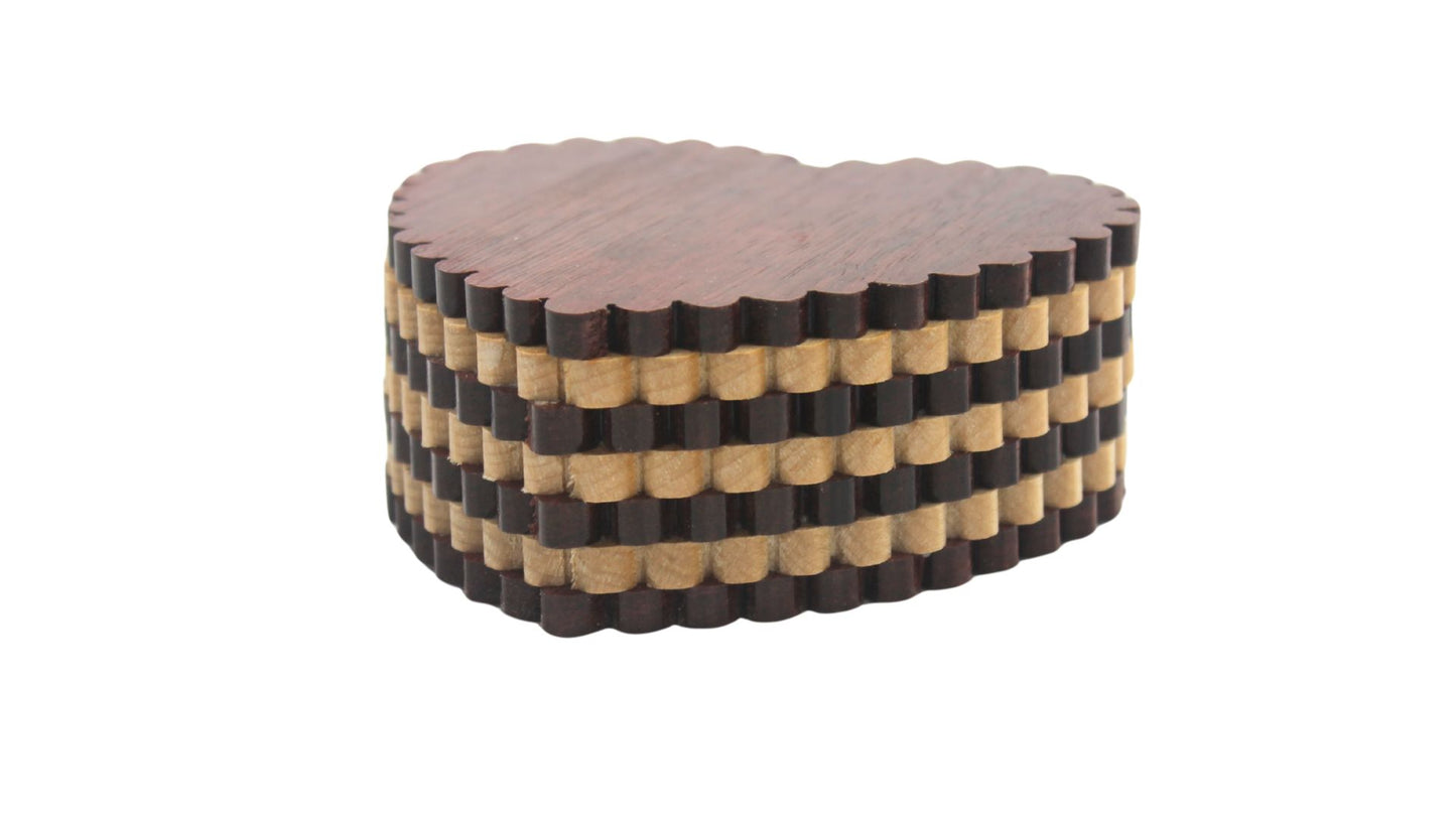 Heart shaped jewelry box handcrafted from purpleheart and maple