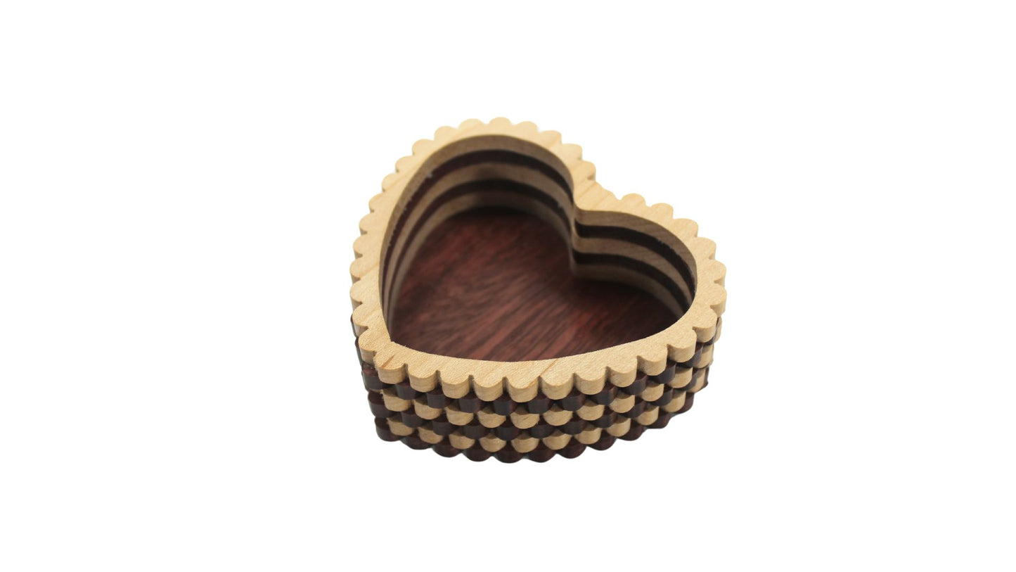 Heart shaped jewelry box handcrafted from purpleheart and maple