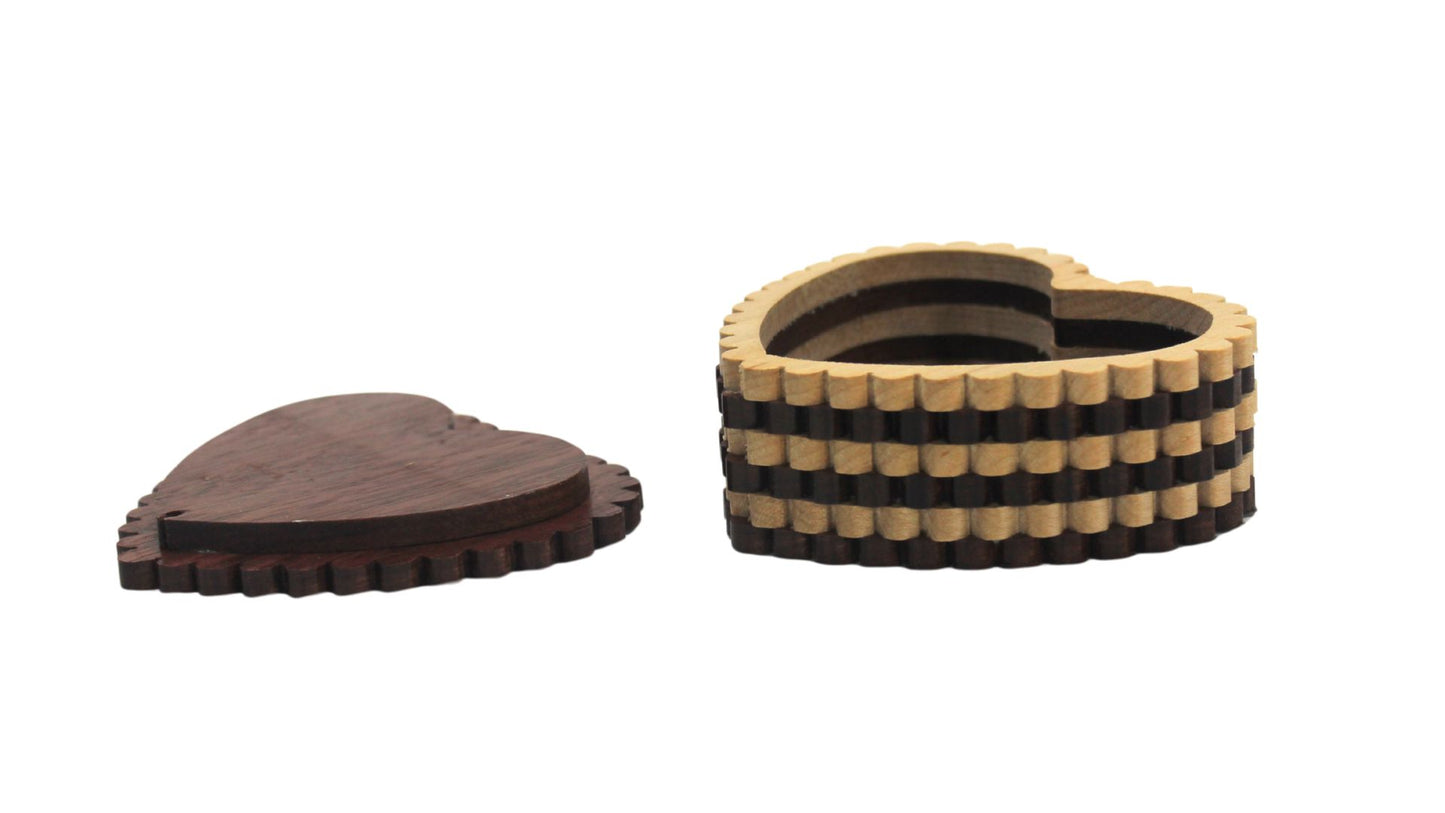 Heart shaped jewelry box handcrafted from purpleheart and maple
