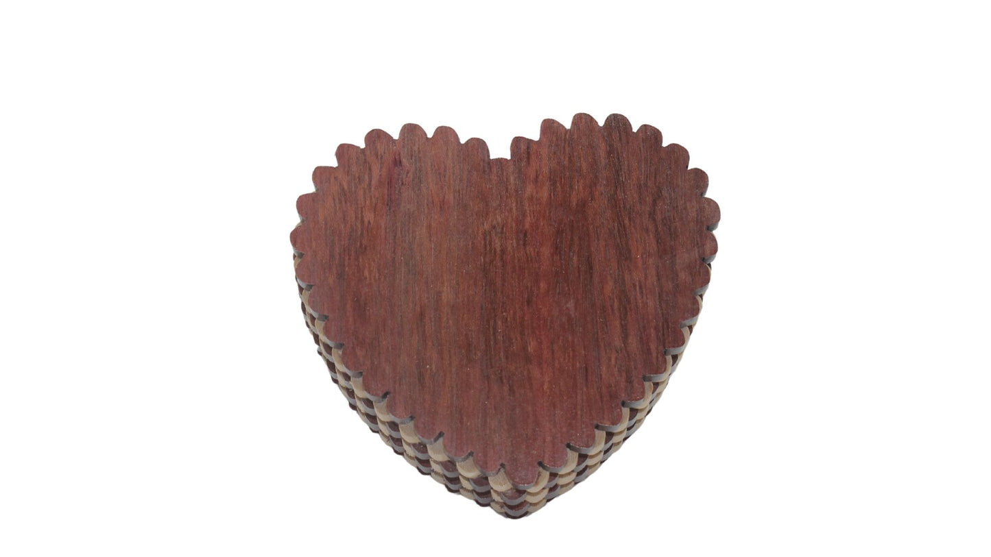 Heart shaped jewelry box handcrafted from purpleheart and maple