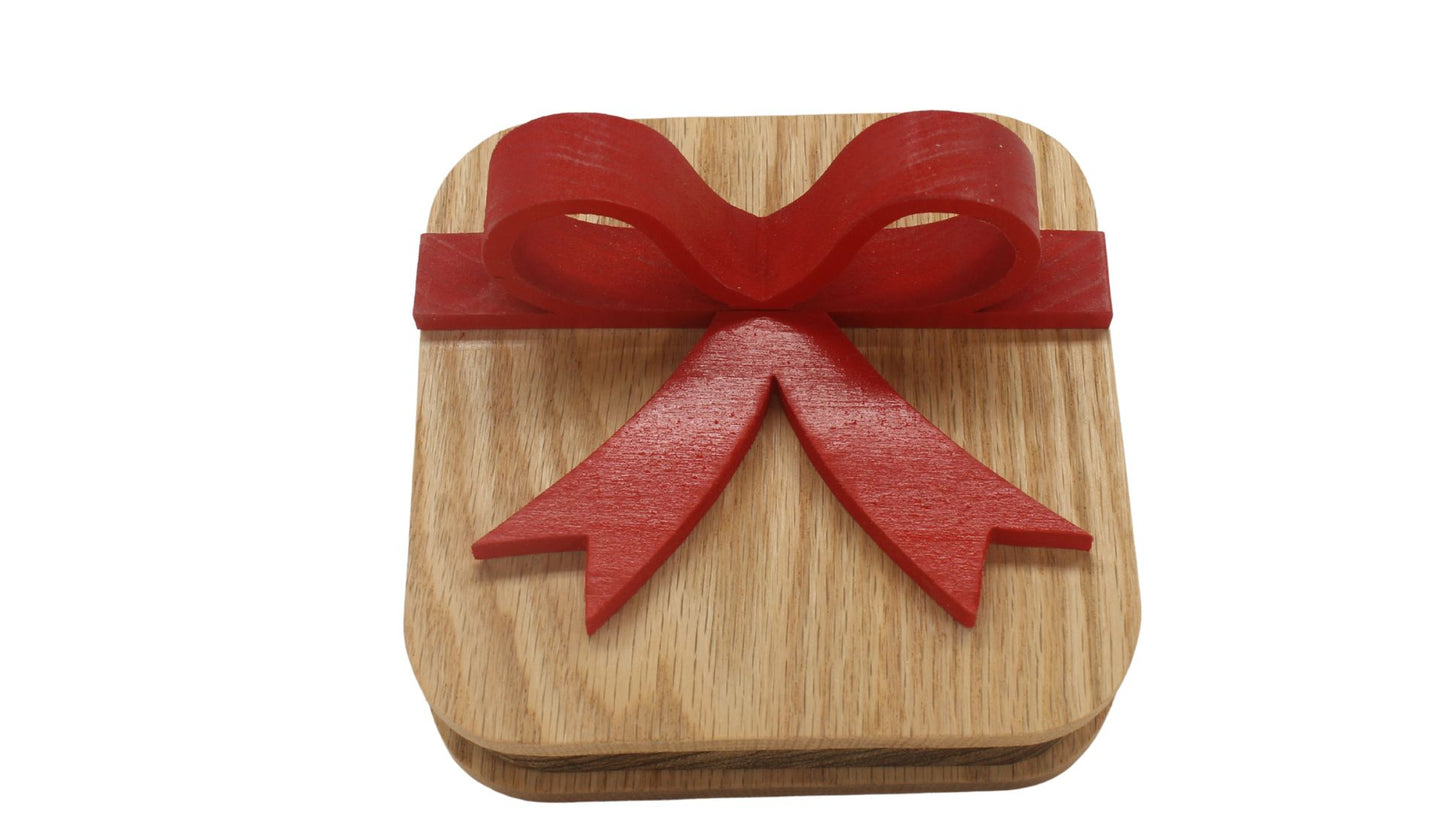 Wooden gift box with red wooden bow