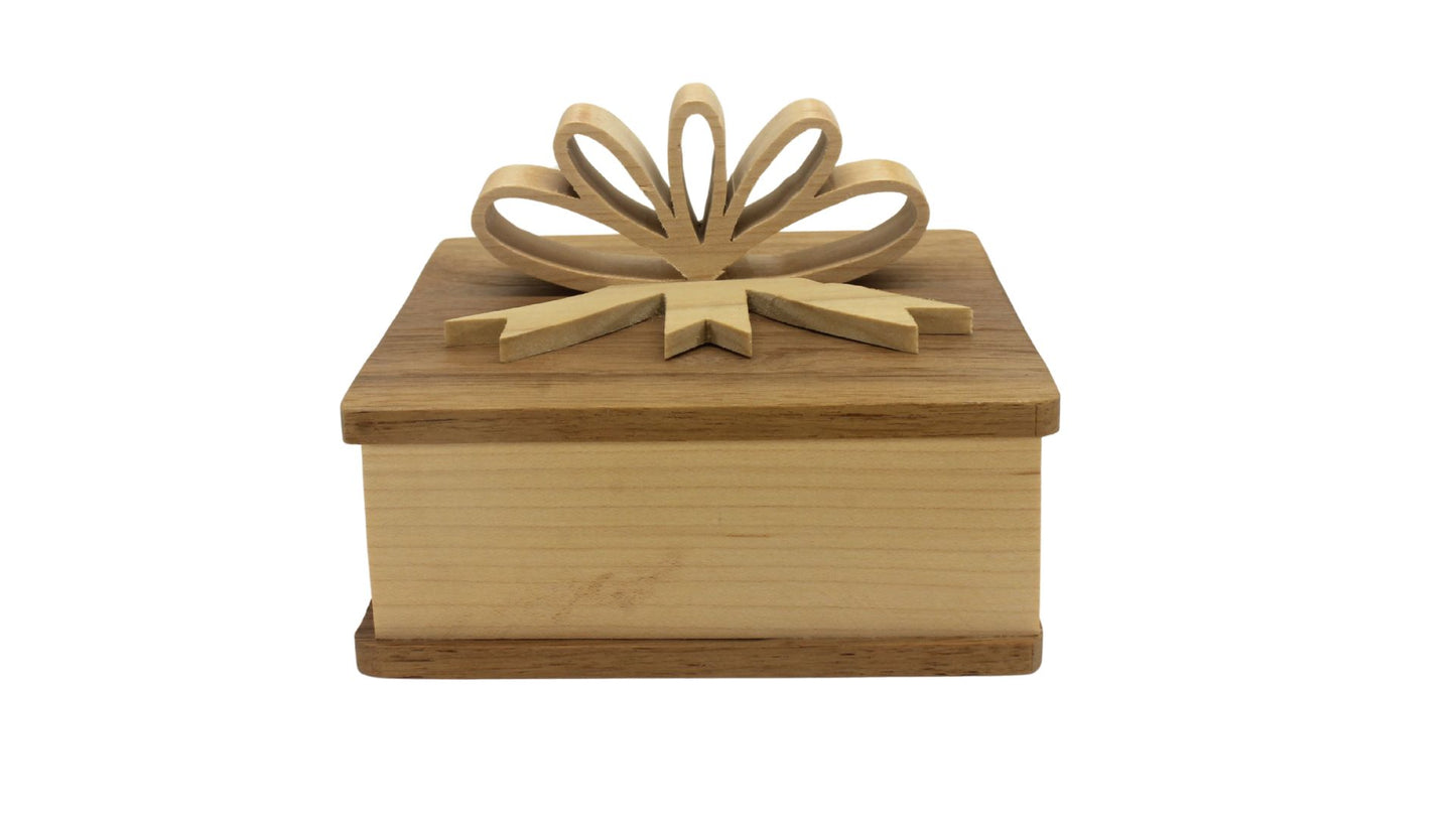 Square wooden box with wooden bow