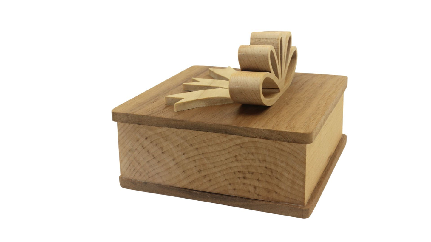 Square wooden box with wooden bow