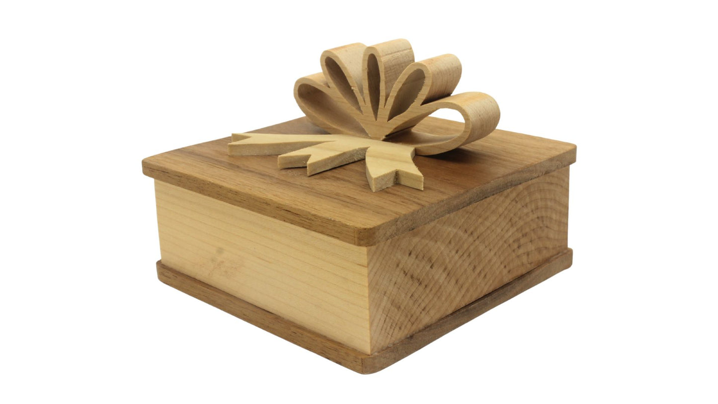 Square wooden box with wooden bow