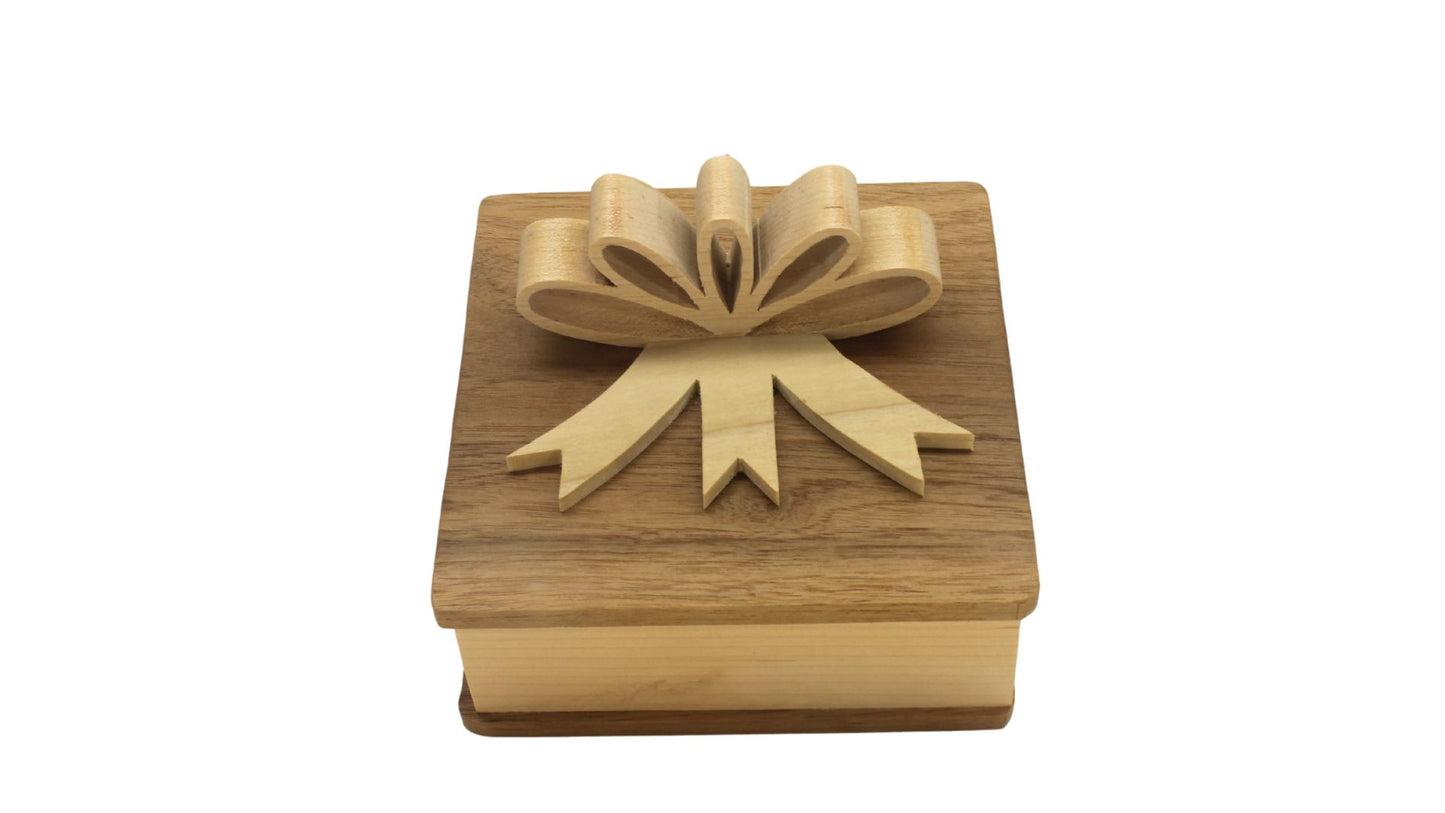 Square wooden box with wooden bow