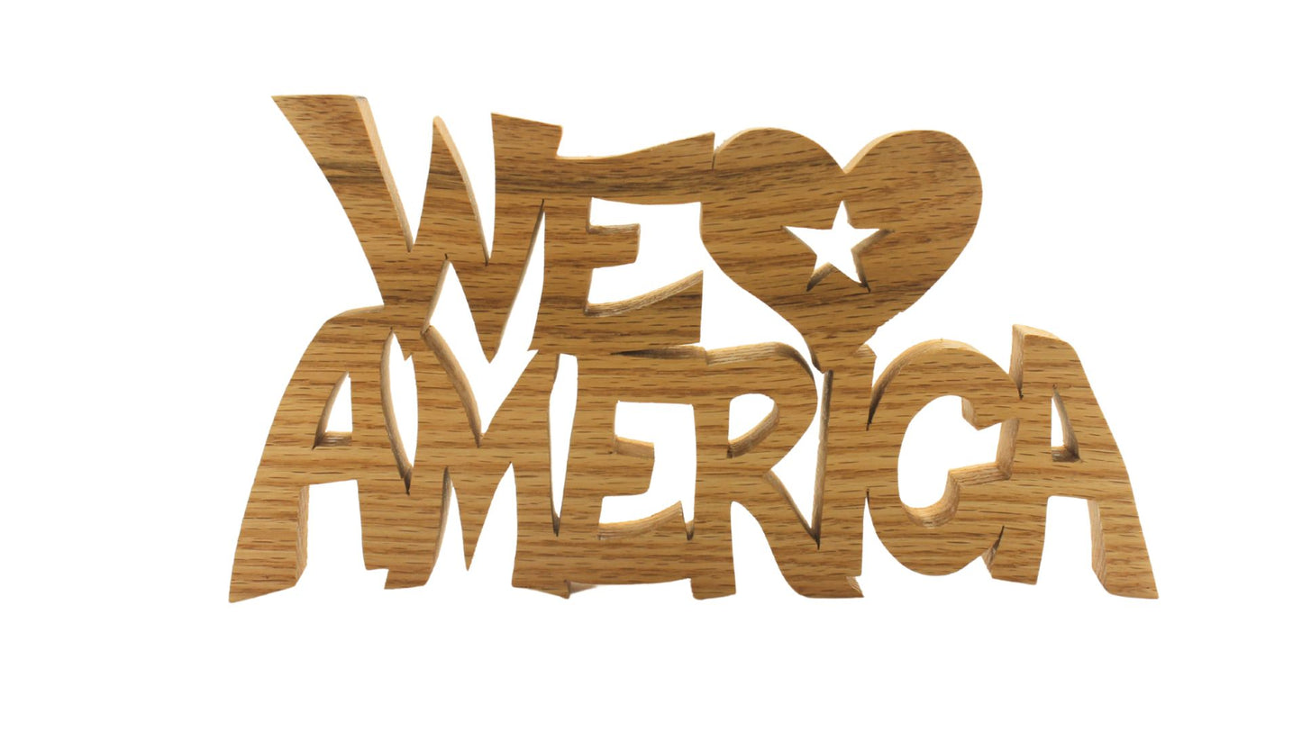 We Heart America sign, cut by hand on a scroll saw