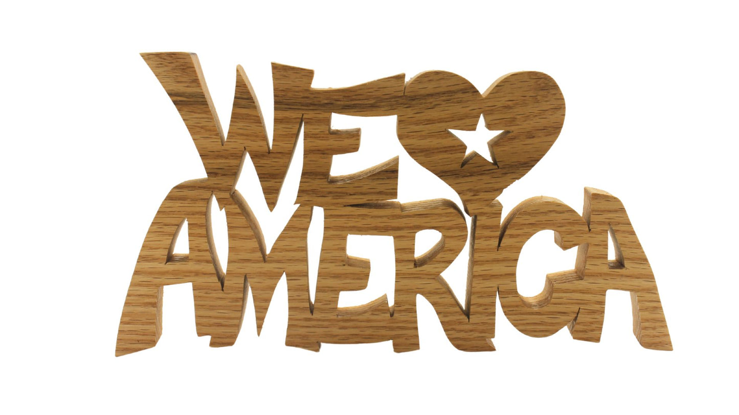 We Heart America sign, cut by hand on a scroll saw