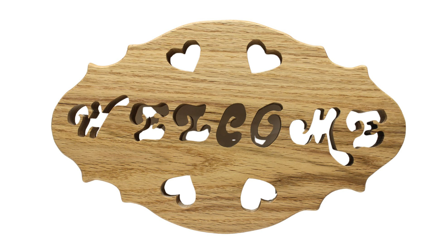 Welcome sign, oval shape, cut by hand from your choice of solid oak or walnut