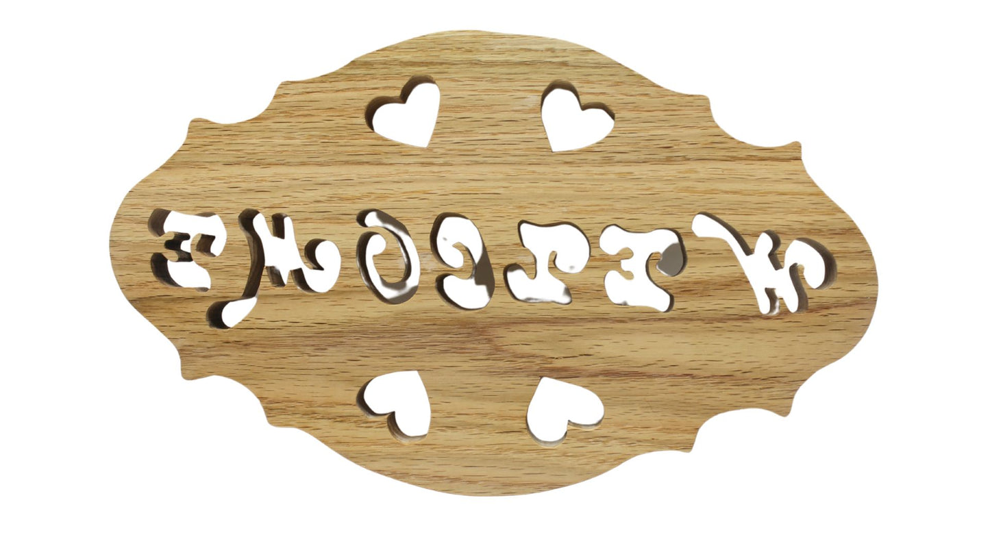 Welcome sign, oval shape, cut by hand from your choice of solid oak or walnut