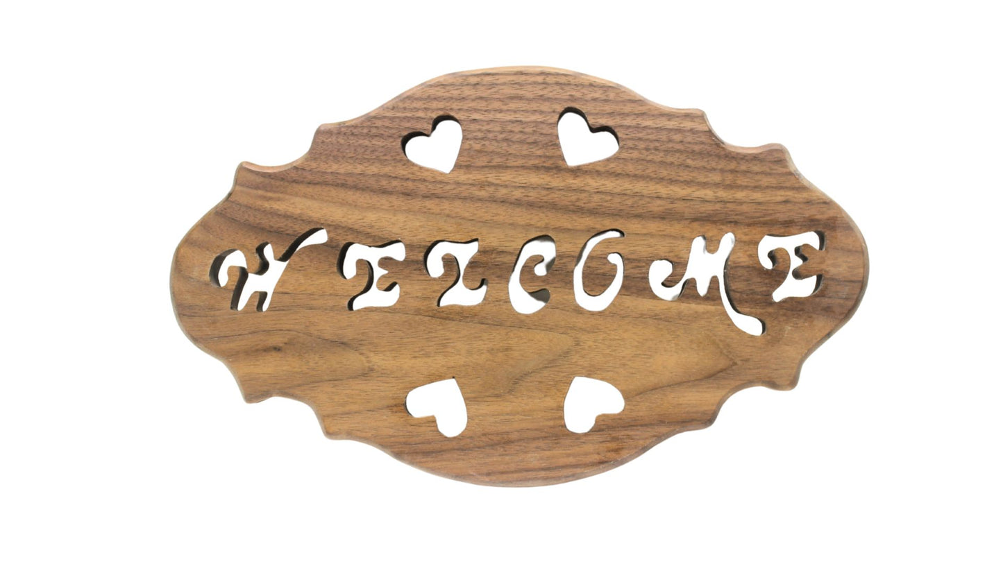 Welcome sign, oval shape, cut by hand from your choice of solid oak or walnut