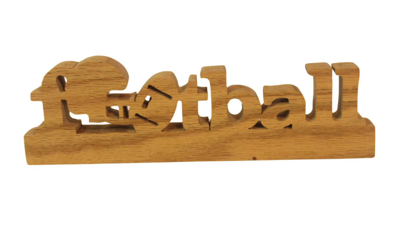 Football desk sign, with a football helmet for the first letter “o” and a football for the second “o.” Cut from oak. Great gift item