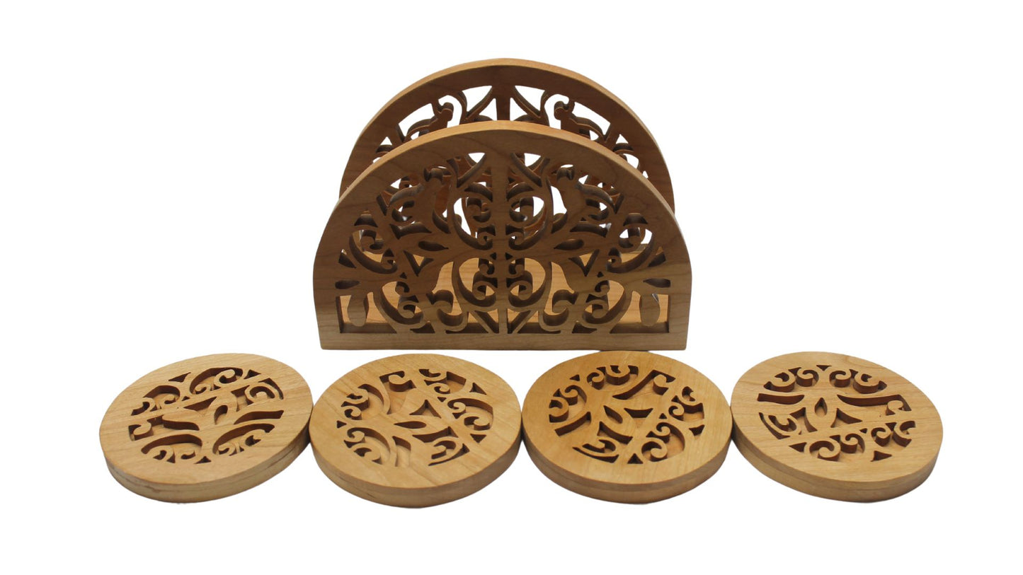 Napkin holder and matching coasters set, hand cut from oak or cherry. Great housewarming gift