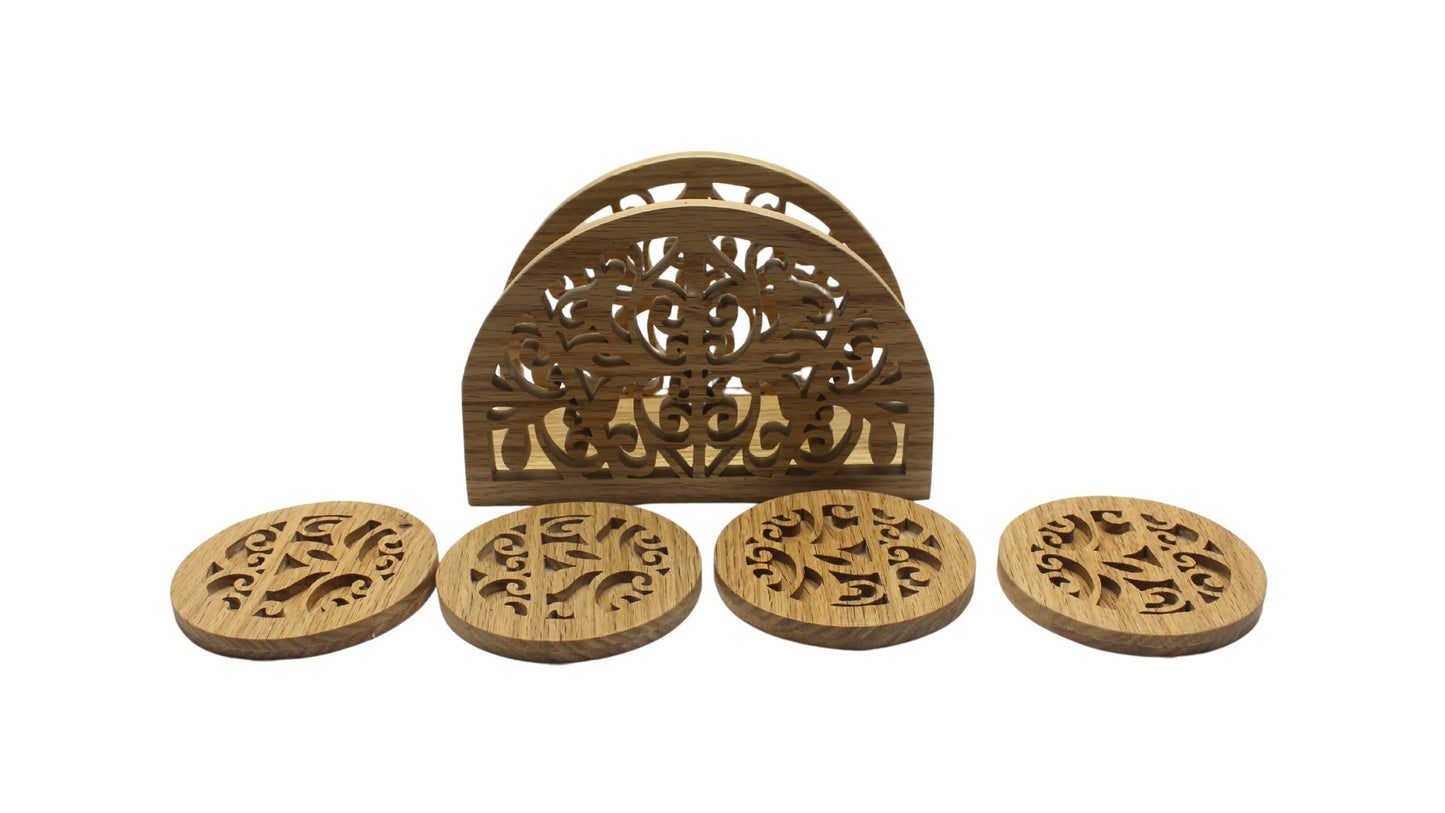 Napkin holder and matching coasters set, hand cut from oak or cherry. Great housewarming gift