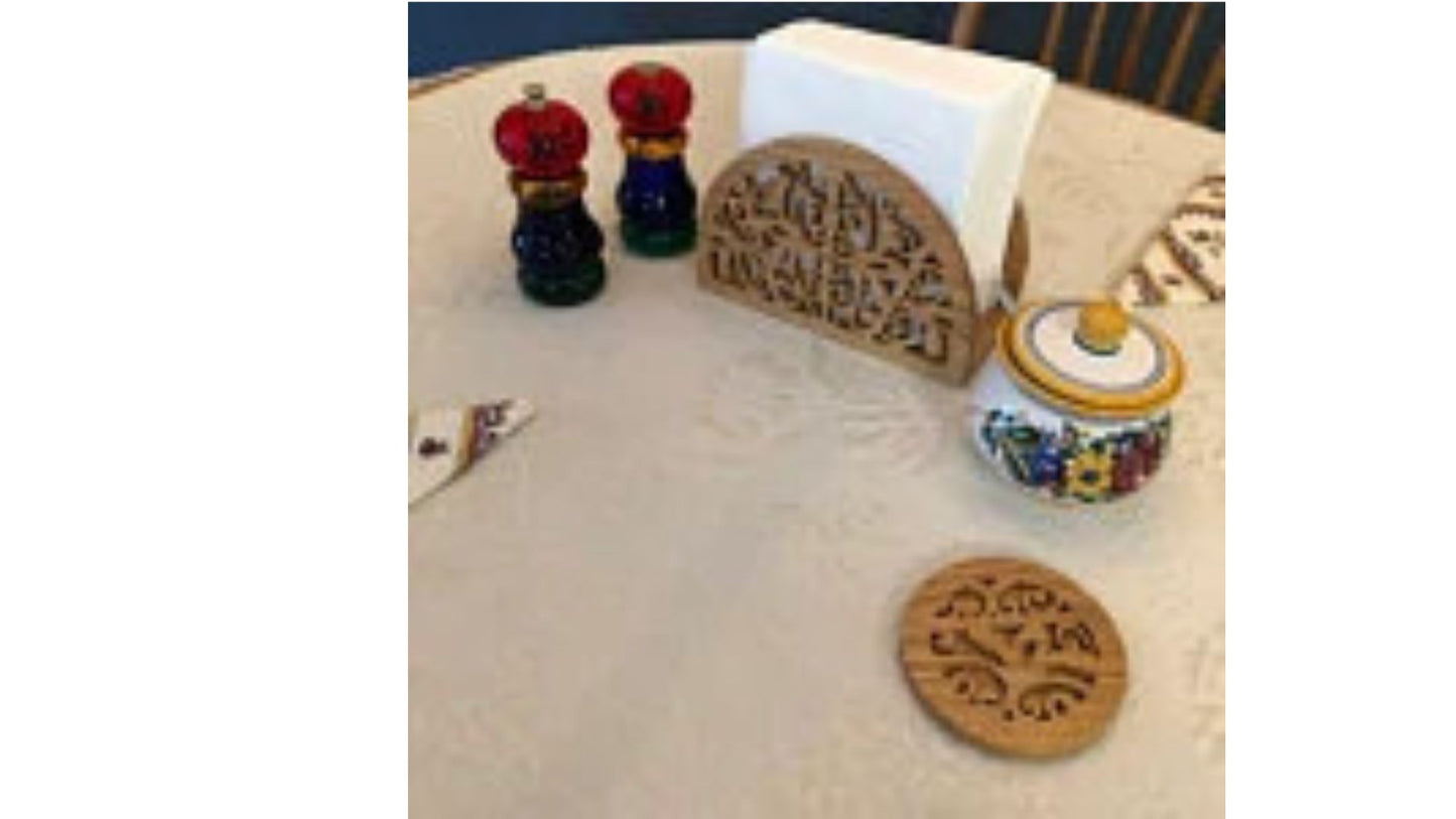 Napkin holder and matching coasters set, hand cut from oak or cherry. Great housewarming gift