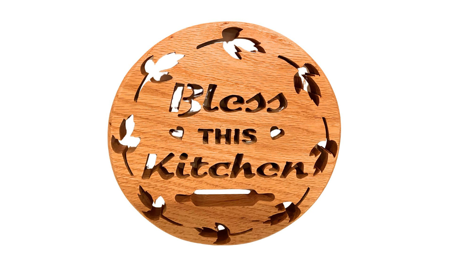 Bless this kitchen, handcrafted wood trivet from solid oak