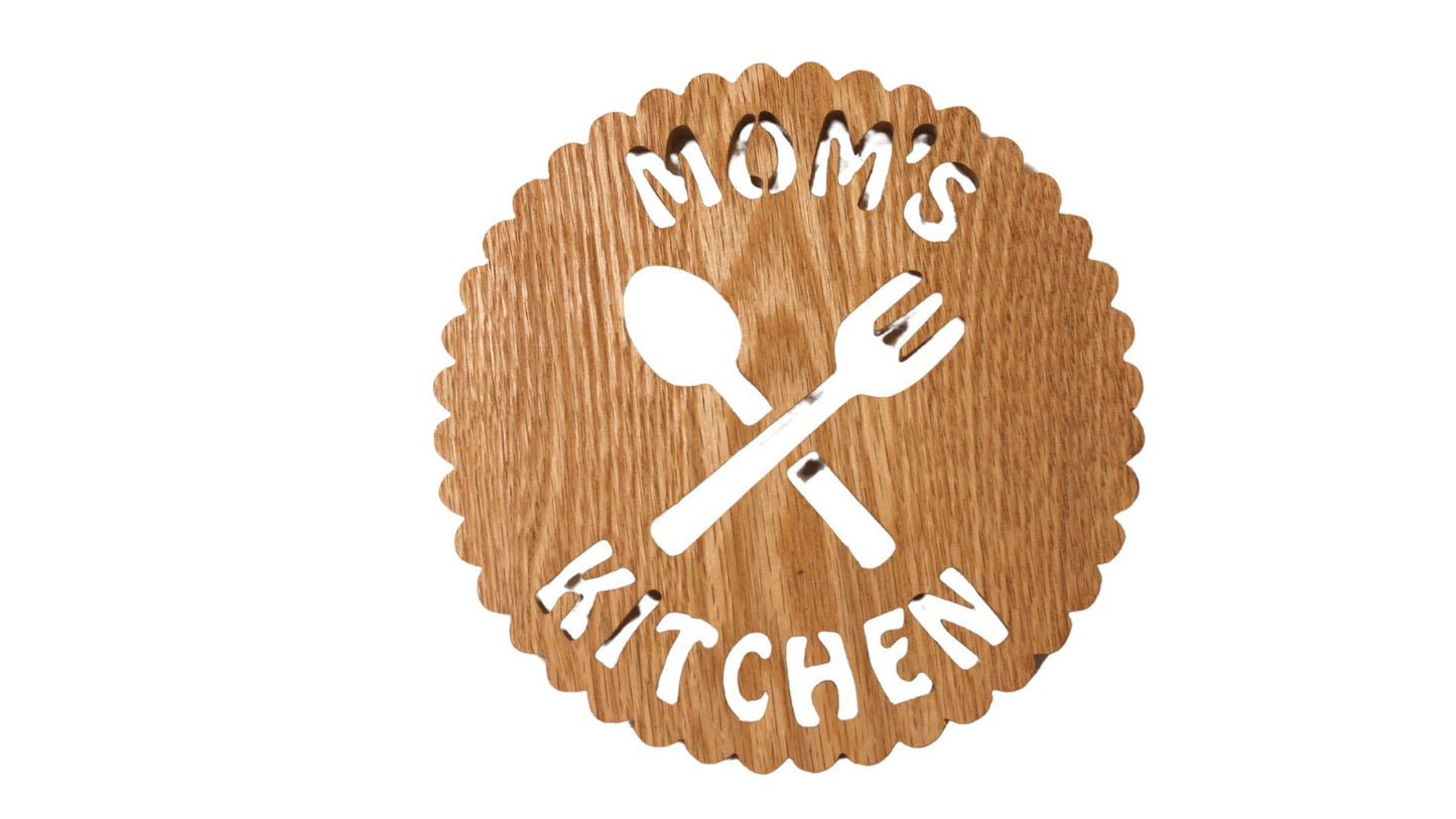 Mom's Kitchen trivet handcrafted from red oak