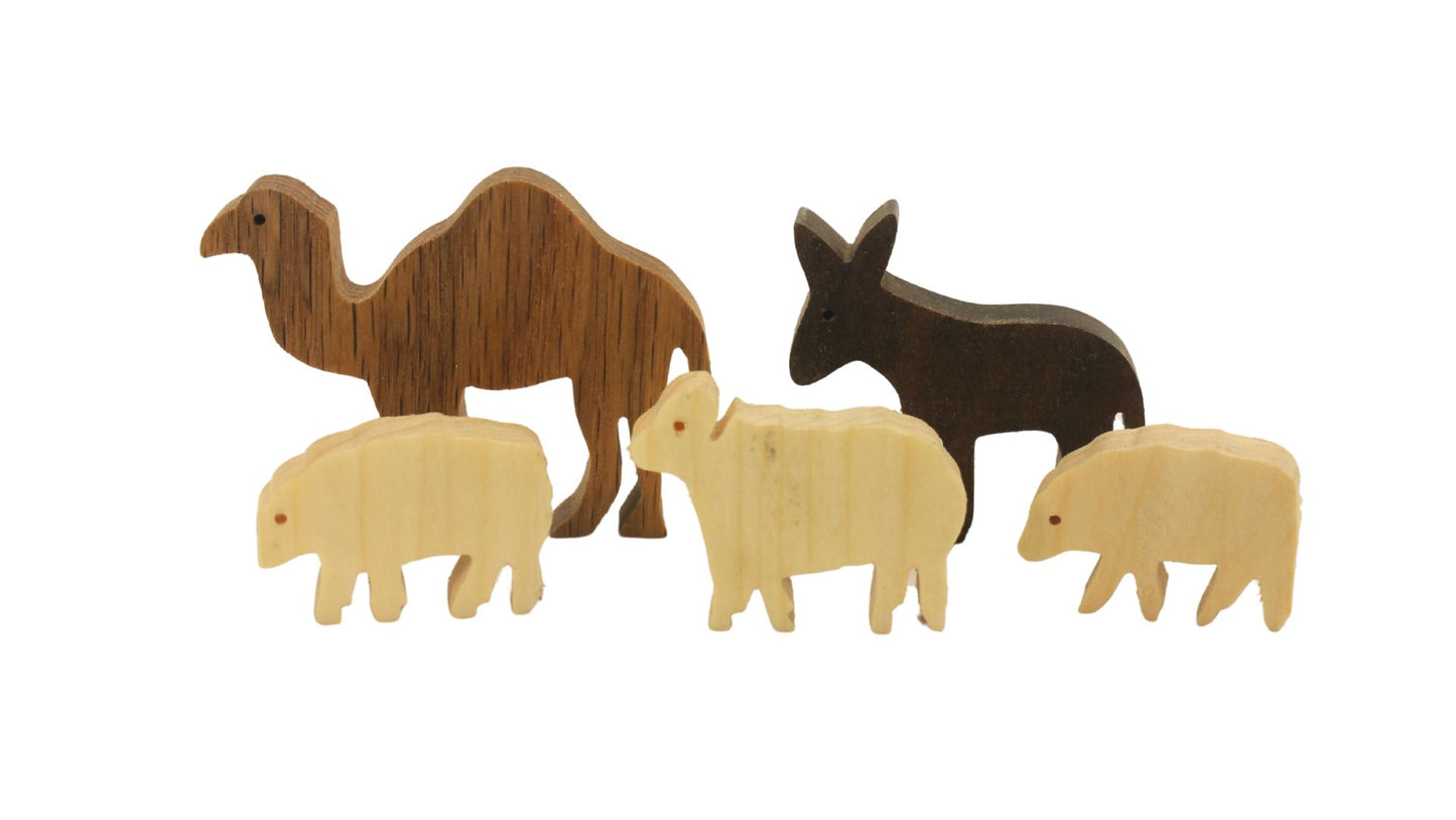 Nativity set - 15 handcrafted pieces, solid hardwoods. Includes Jesus in a manger, Mary and Joseph; shepherds, 3 kings, animals, stable