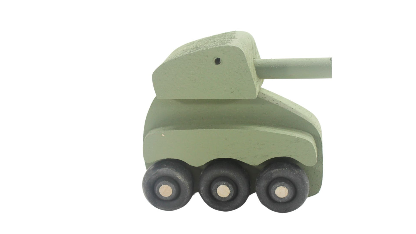 Miniature Wooden Toy Army Vehicle Set Includes a Jeep, Truck, and Tank
