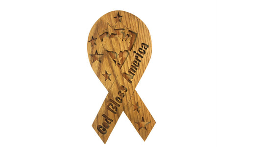 God Bless America, ribbon-shaped sign, oak, handcrafted on a scroll saw