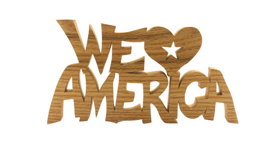 We Heart America sign, cut by hand on a scroll saw