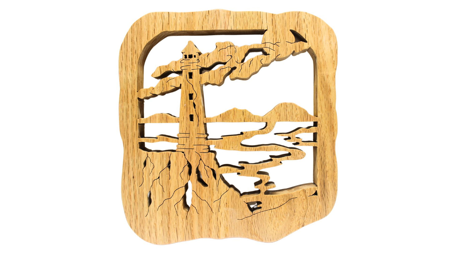 Moonlit lighthouse scene wall hanging, handcrafted from solid oak