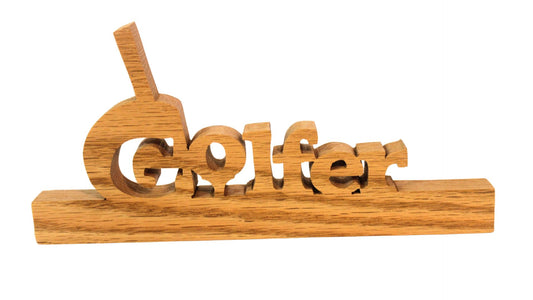 Golfer desk sign, cut by hand on a scroll saw. Letter "G" looks like a golf club, the letter "o" like a golf ball about to be hit