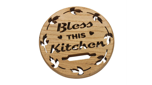 Bless this kitchen, handcrafted wood trivet from solid oak