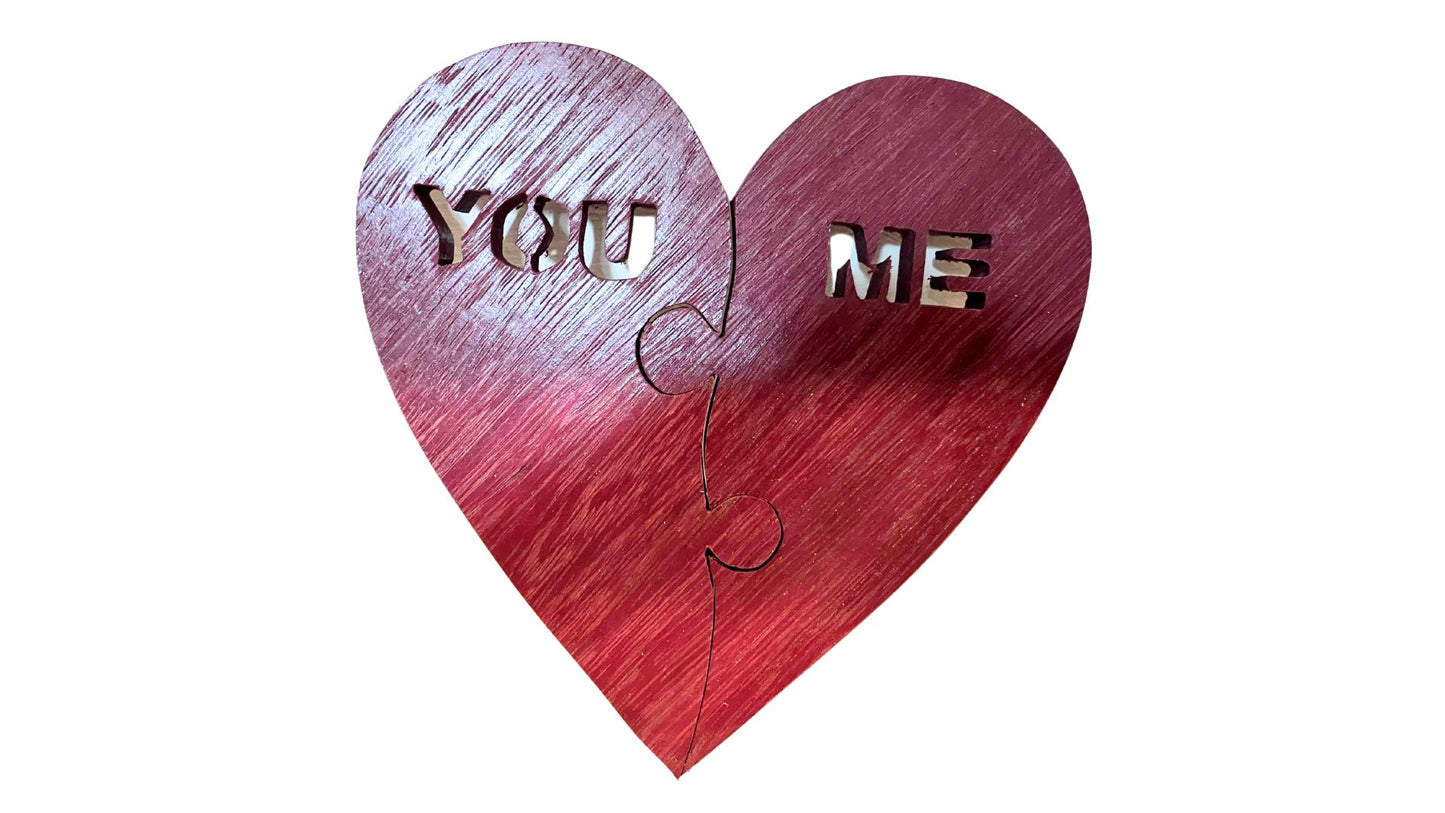 You/me heart puzzle made from Purpleheart wood