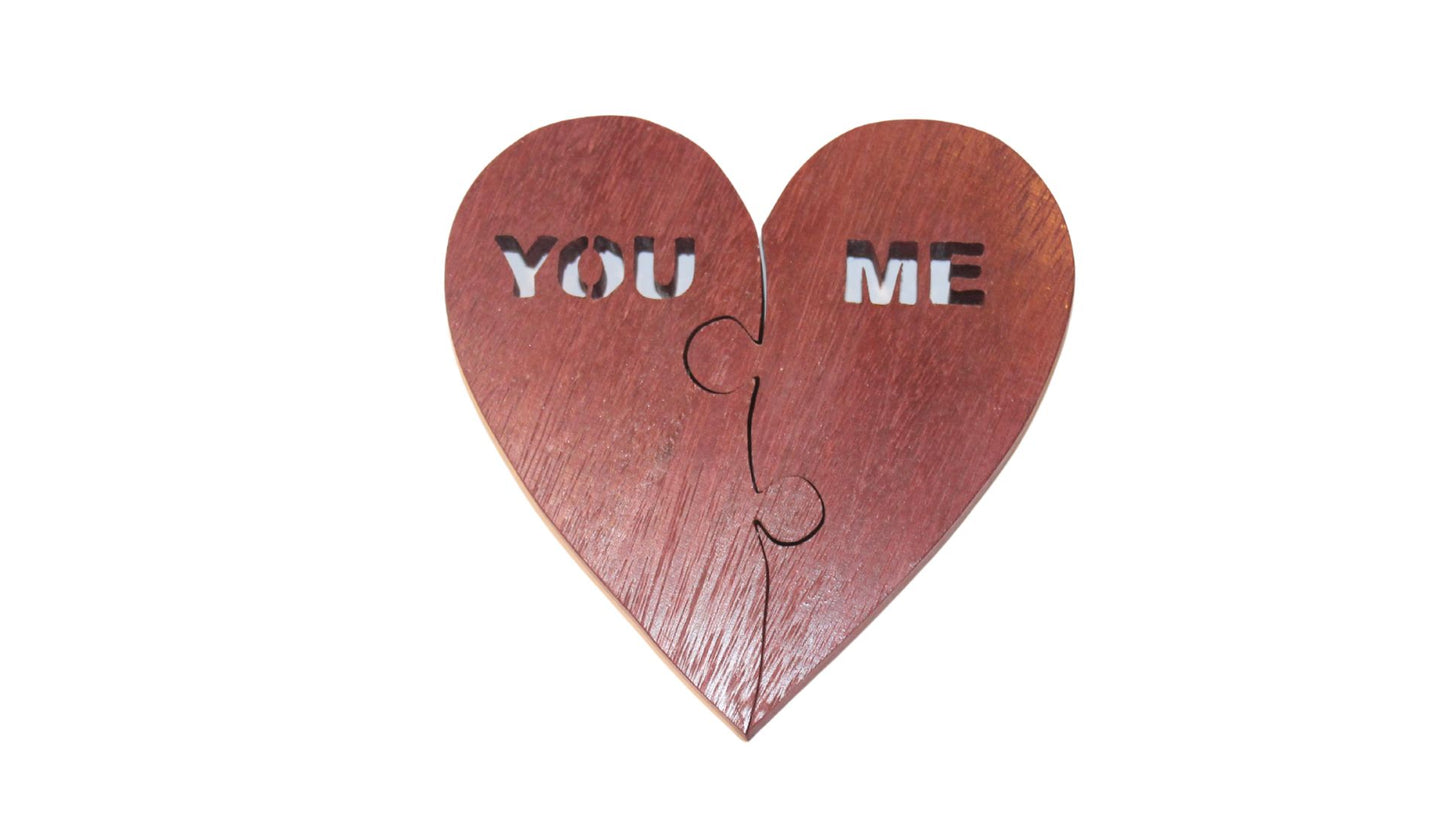 You/me heart puzzle made from Purpleheart wood