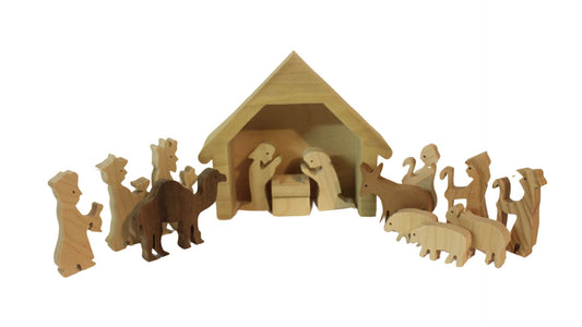 Nativity set - 15 handcrafted pieces, solid hardwoods. Includes Jesus in a manger, Mary and Joseph; shepherds, 3 kings, animals, stable