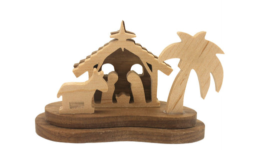 Nativity set, tiny size. Includes Mary, Joseph and the baby Jesus in a manger, donkey. Small enough to display on a desk, shelf