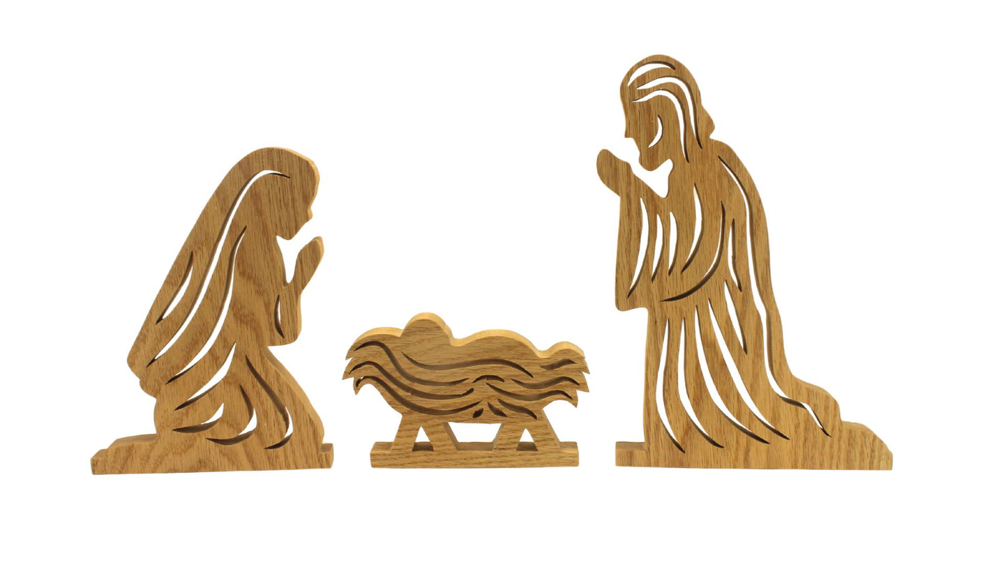 Large three piece nativity scene: Jesus in a manger, Mary, and Joseph