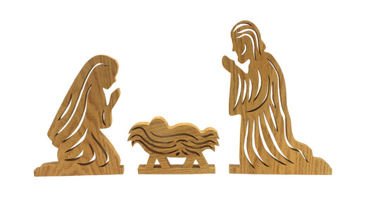 Large three piece nativity scene: Jesus in a manger, Mary, and Joseph