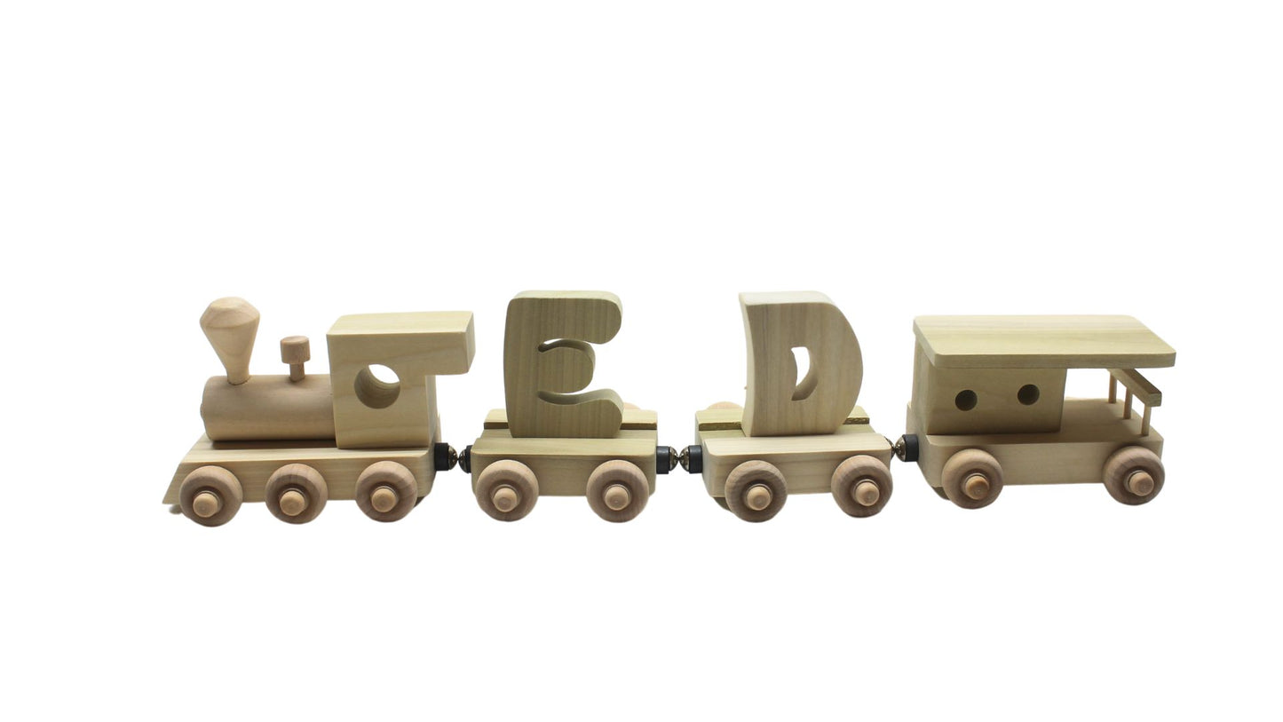 Personalized Wood Toy Train with Engine, Two Cars, and Caboose to Spell a Child's Name