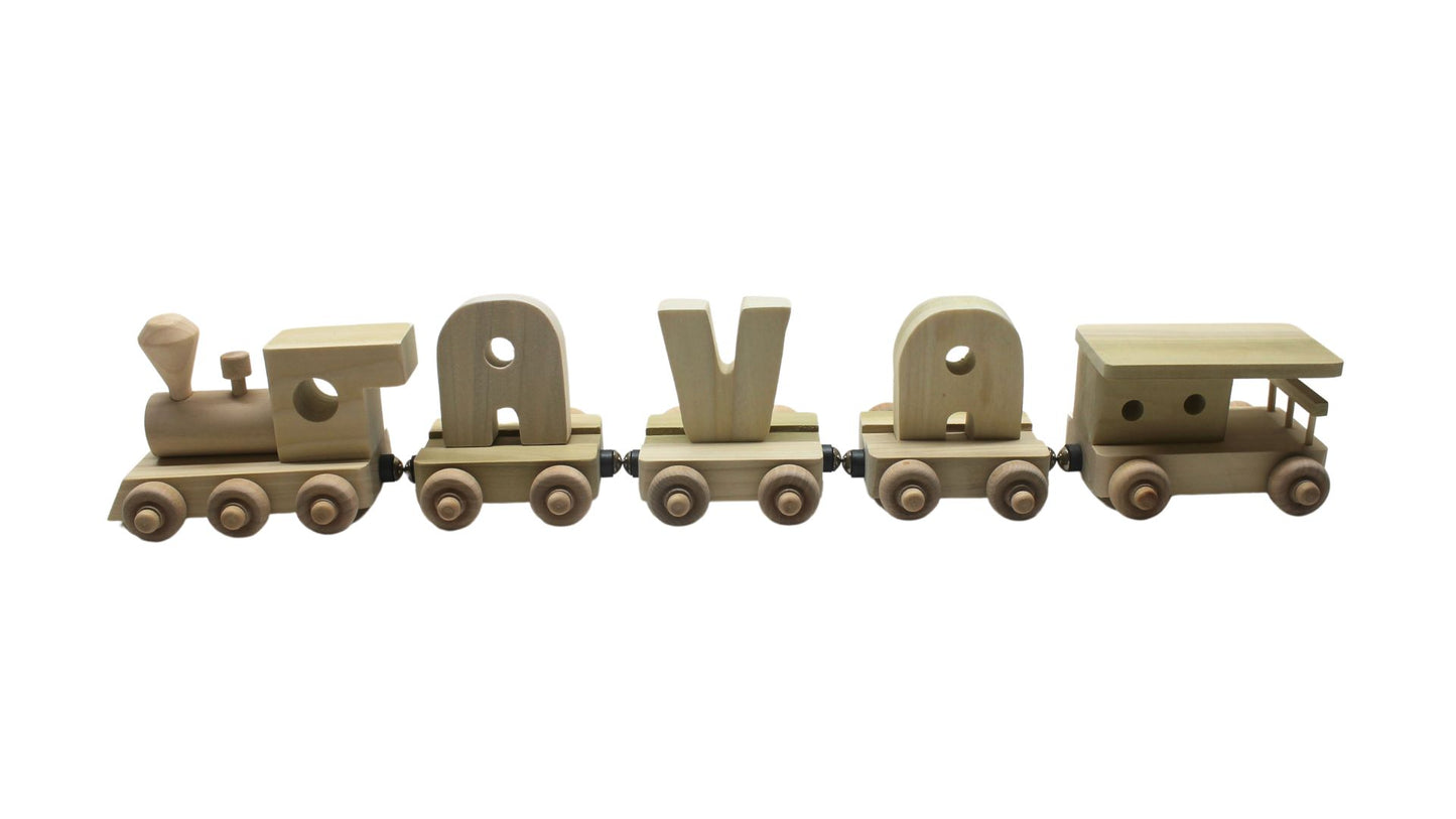 Personalized Wood Toy Train with Engine, Three Cars, and Caboose to Spell a Child's Name