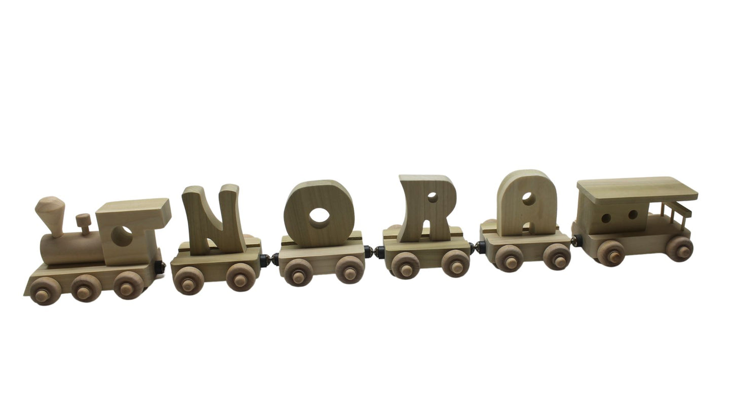 Personalized Wood Toy Train with Engine, Four Cars, and Caboose to Spell a Child's Name