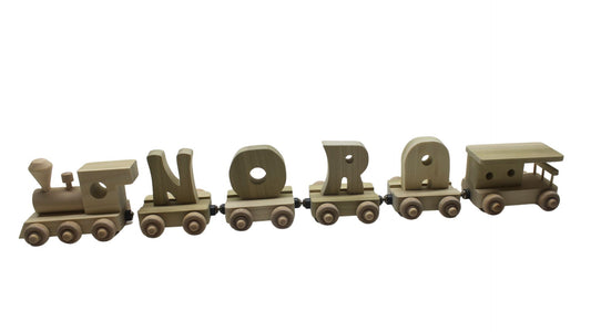 Personalized Wood Toy Train with Engine, Four Cars, and Caboose to Spell a Child's Name