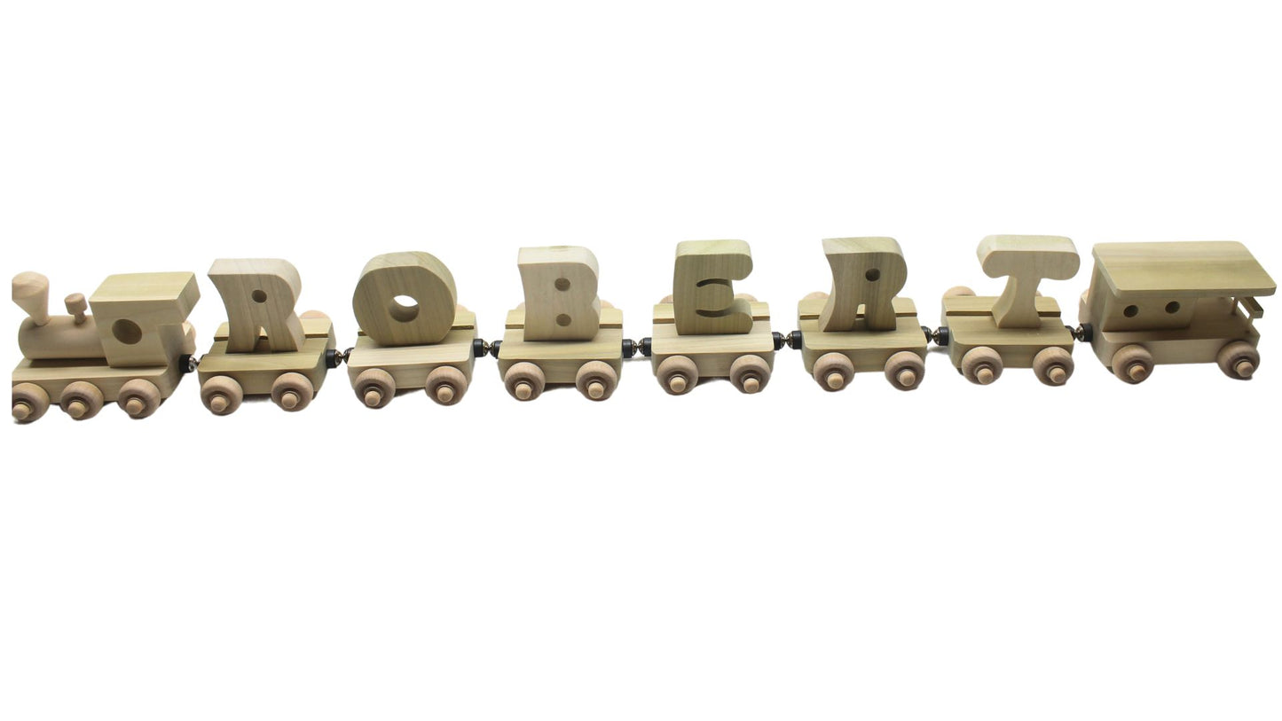 Personalized Wood Toy Train with Engine, Six Cars, and Caboose to Spell a Child's Name