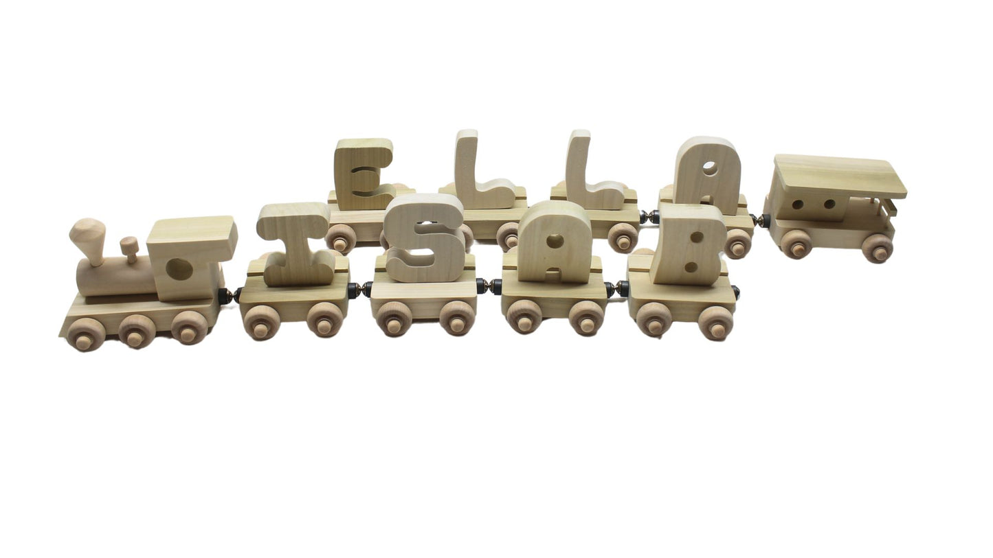 Personalized Wood Toy Train with Engine, Eight Cars, and a Caboose to Spell a Child's Name
