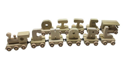 Personalized Wood Toy Train with Engine, Nine Cars, and a Caboose to Spell a Child's Name
