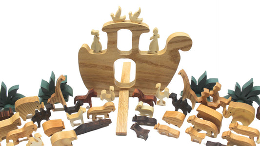 Handcrafted Wooden Noah's Ark with Animal Pairs: Oak, Cherry, or Walnut