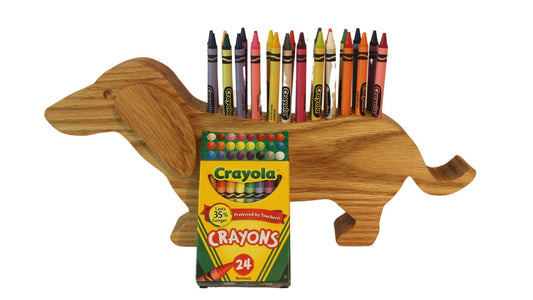 Dachshund-Shaped Crayon Organizer - Handmade Wood Holder for 24 Included Crayons. Choice of oak or poplar