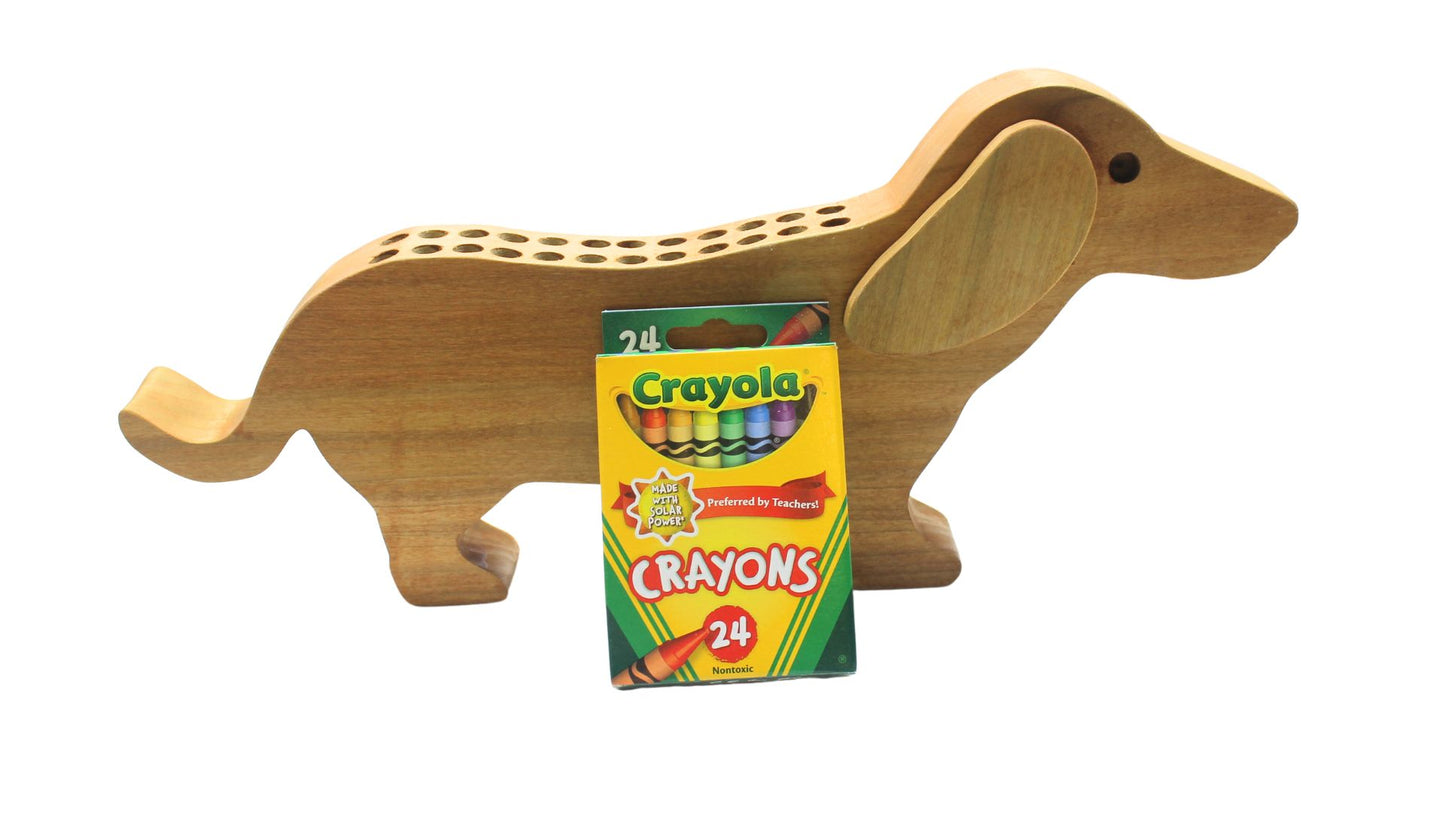 Dachshund-Shaped Crayon Organizer - Handmade Wood Holder for 24 Included Crayons. Choice of oak or poplar