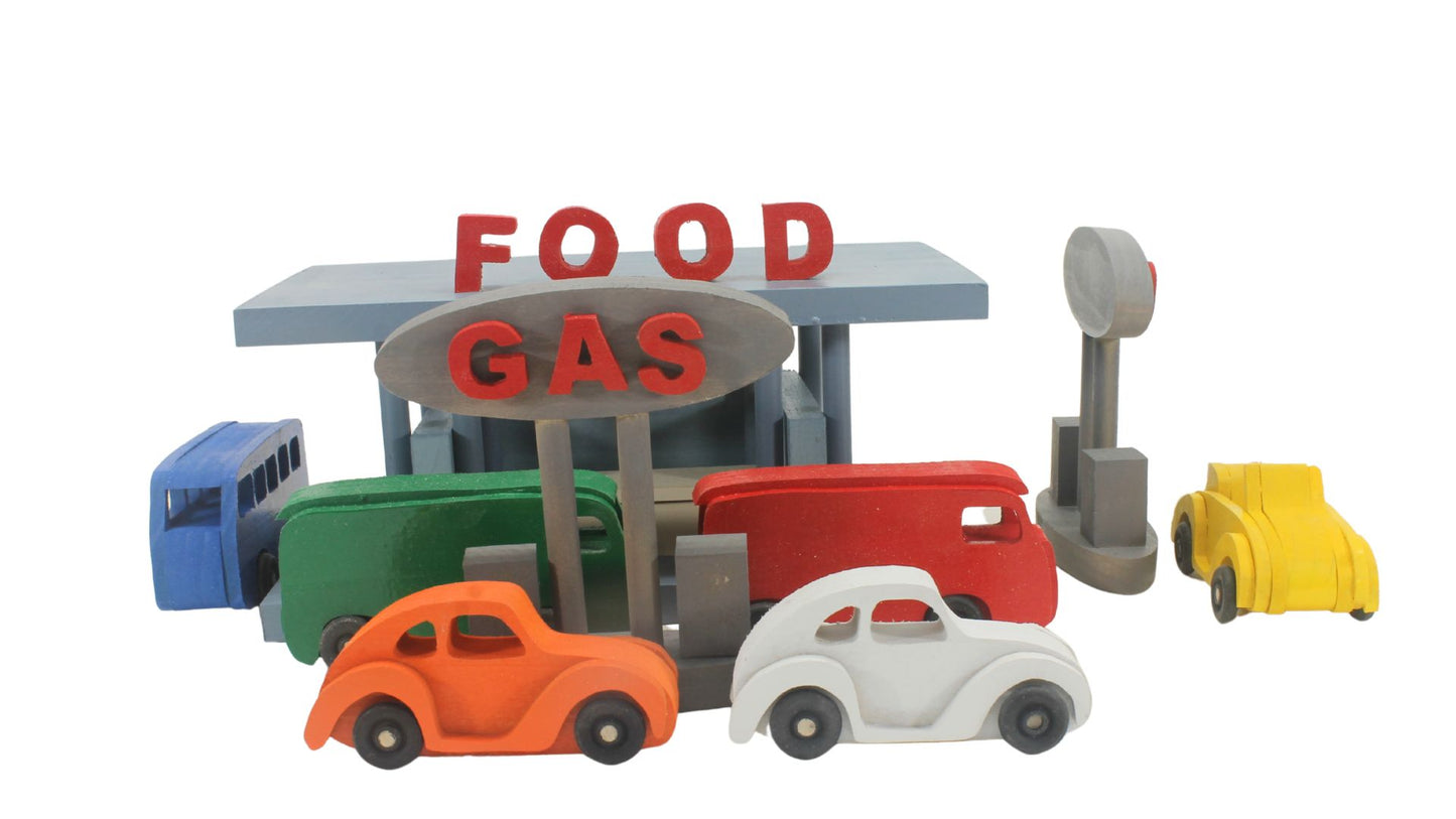 Handmade Wooden Toy Gas and Food Stop with VW Vehicles